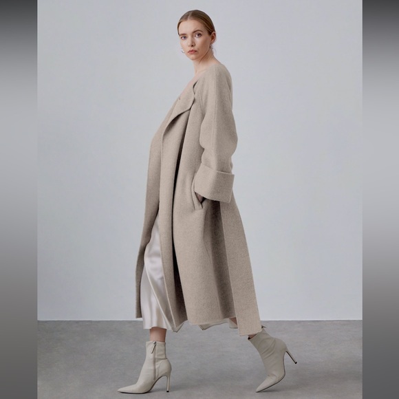 Silk Maison V Neck Scarf Wool Coat - Picture 3 of 6